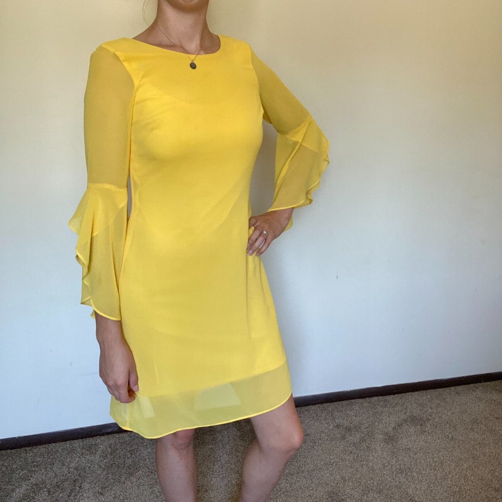 Thalia Sodi Vintage Glam Yellow Mini Dress with Bell Sleeves